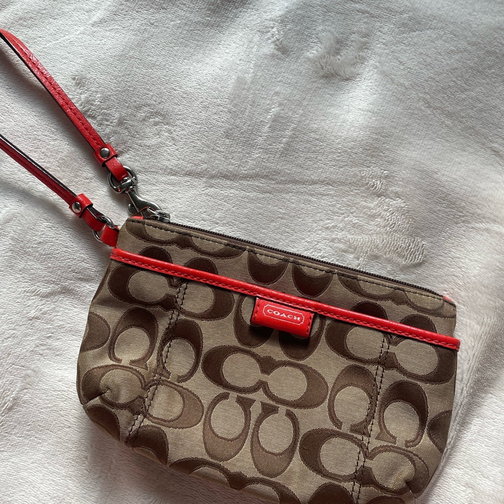 Coach Signature Brown Wristlet with Red Accents